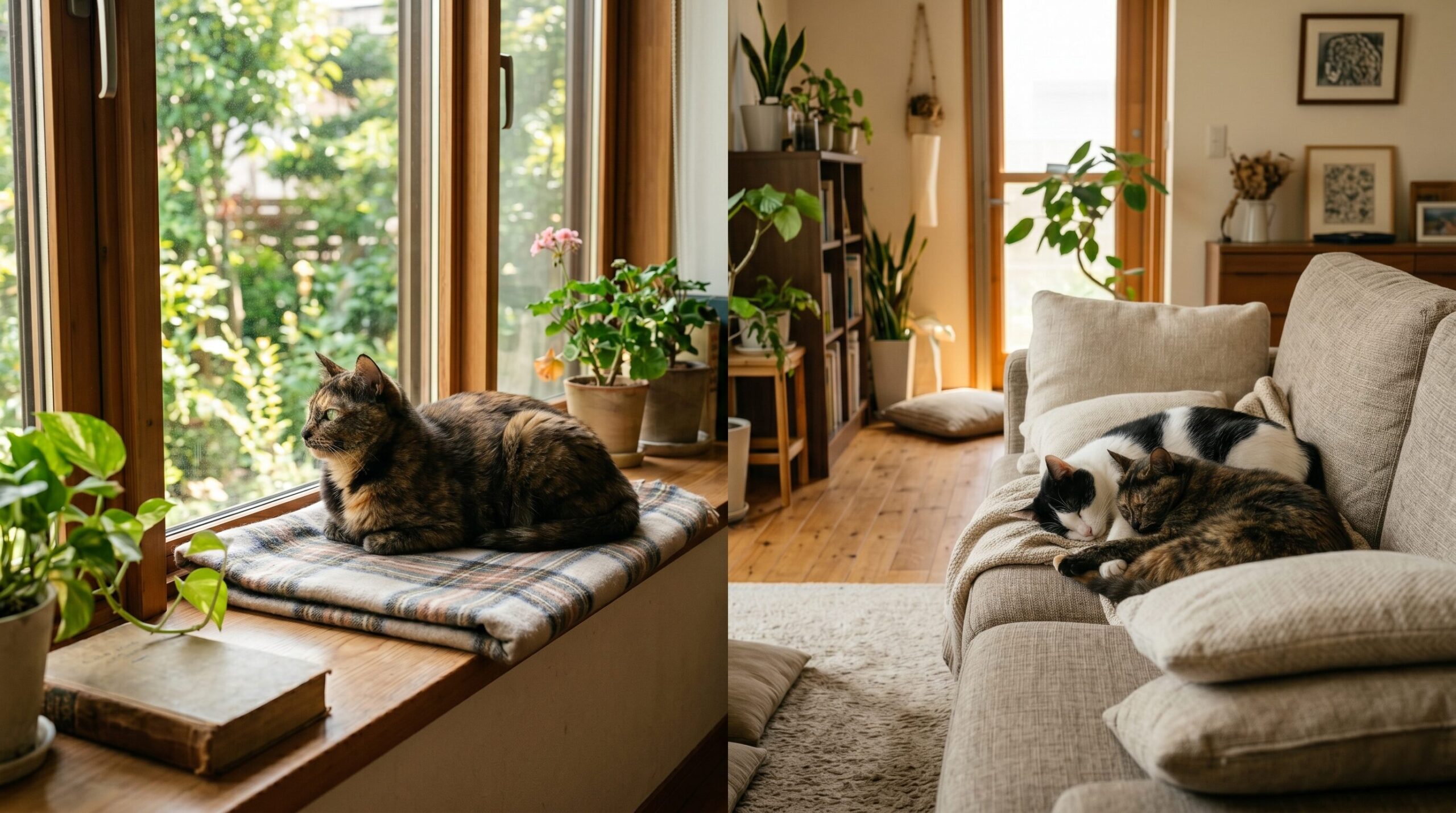 同じサビ柄の2匹の猫がそれぞれ違う過ごし方をしている実写風写真