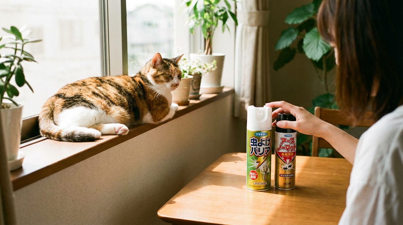 猫がいる部屋に置かれた市販の虫除け製品を確認する飼い主のイメージ