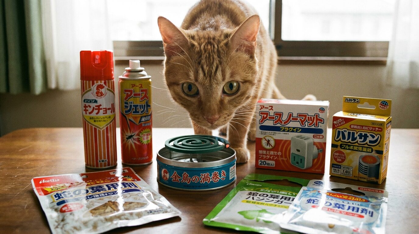 スプレー・蚊取り線香・置き型・衣類防虫剤など複数の虫除け製品と猫のイメージ
