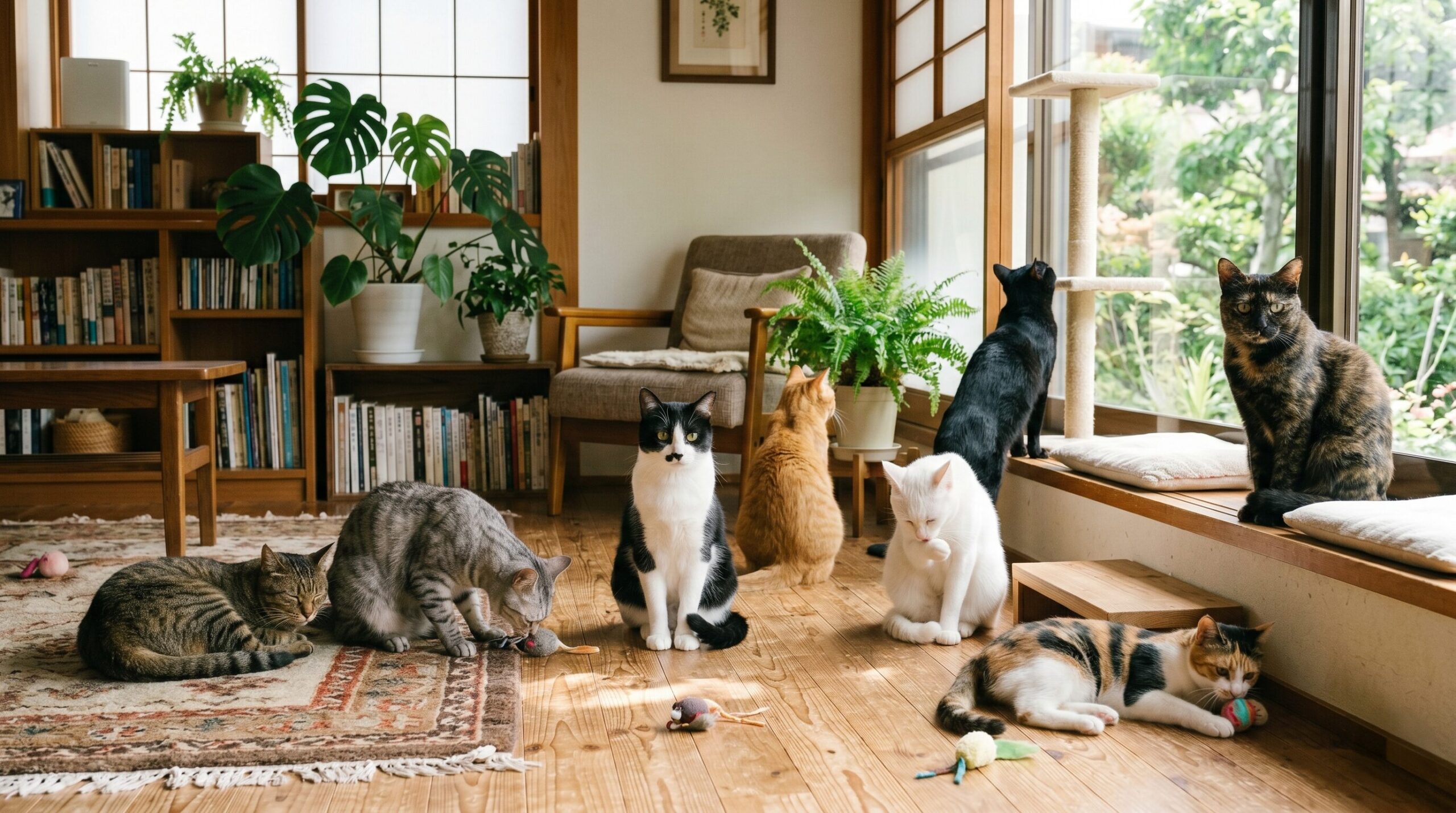 8種類の柄の雑種猫たちが並んでいる実写風写真