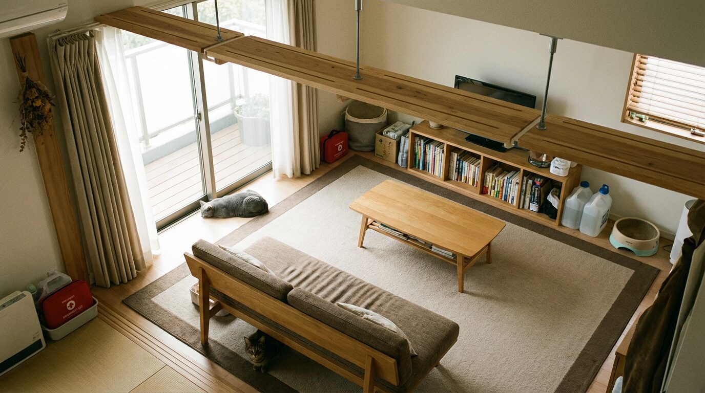 家具が低く整えられたリビングで、猫たちがそれぞれのお気に入りの場所でくつろぐ様子