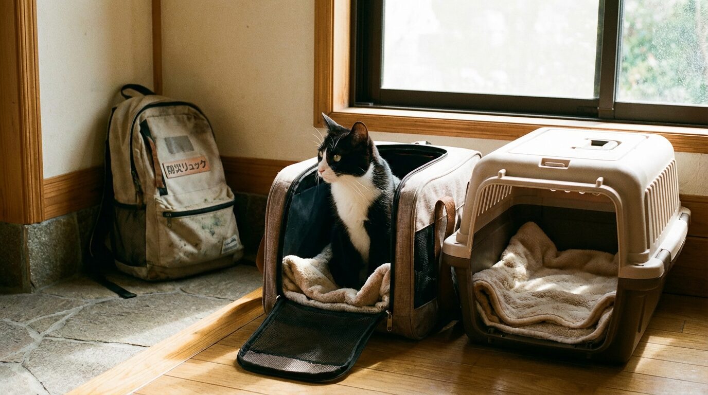 玄関に並べられたキャリーバッグから顔を出すハチワレの猫