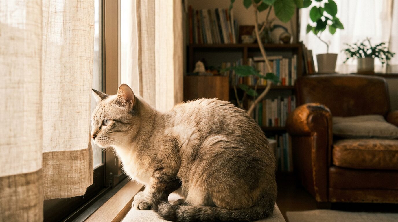 室内でくつろぐ猫と窓辺の様子