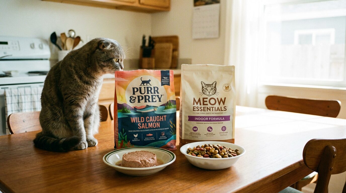 2種類のフードを見つめるスコティッシュフォールド