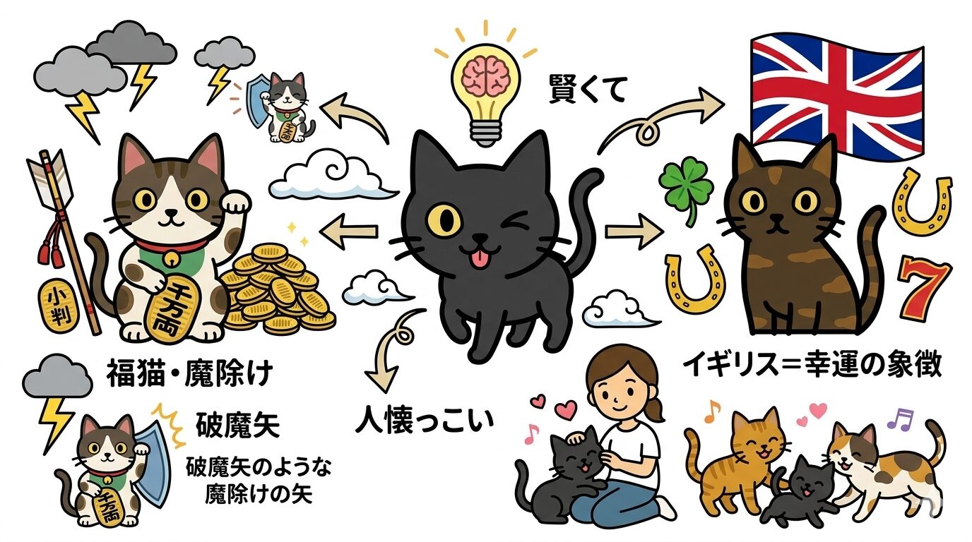 黒猫にまつわる世界の言い伝えを示すグラフィックレコード