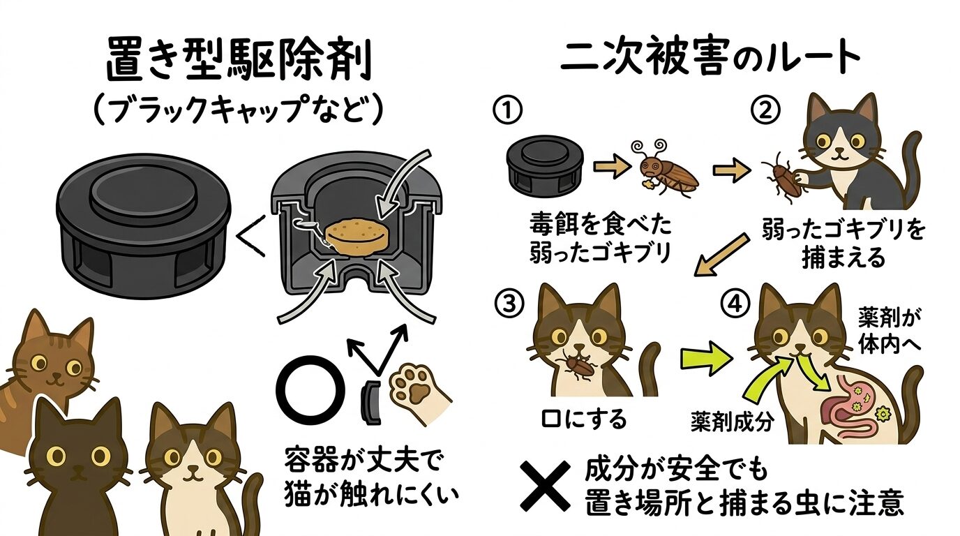 置き型駆除剤の容器構造と二次被害のリスクを示すグラフィックレコード