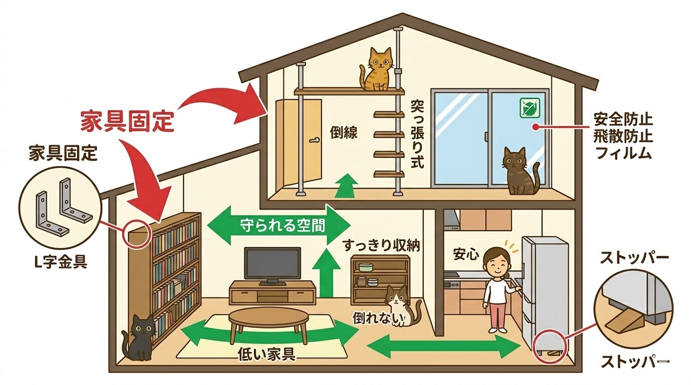 L字金具・ガラス飛散防止・低い家具配置で整えられた家と安全に動く猫たちのイラスト