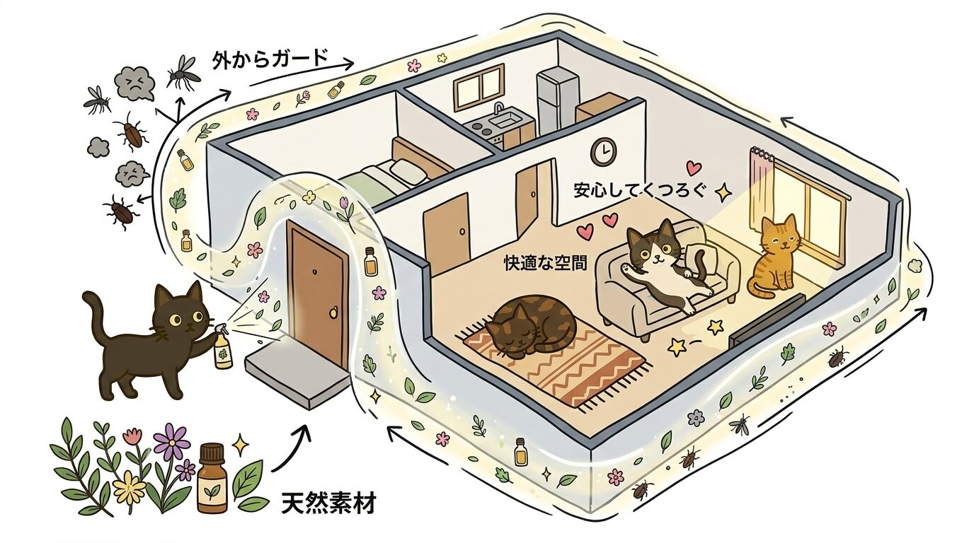 竹酢液を家の外周にスプレーして侵入を防ぐイラスト