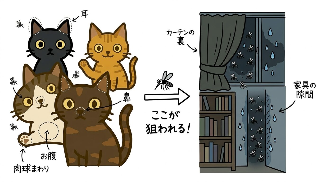 猫の刺されやすい部位と蚊が好む室内の場所のイラスト解説