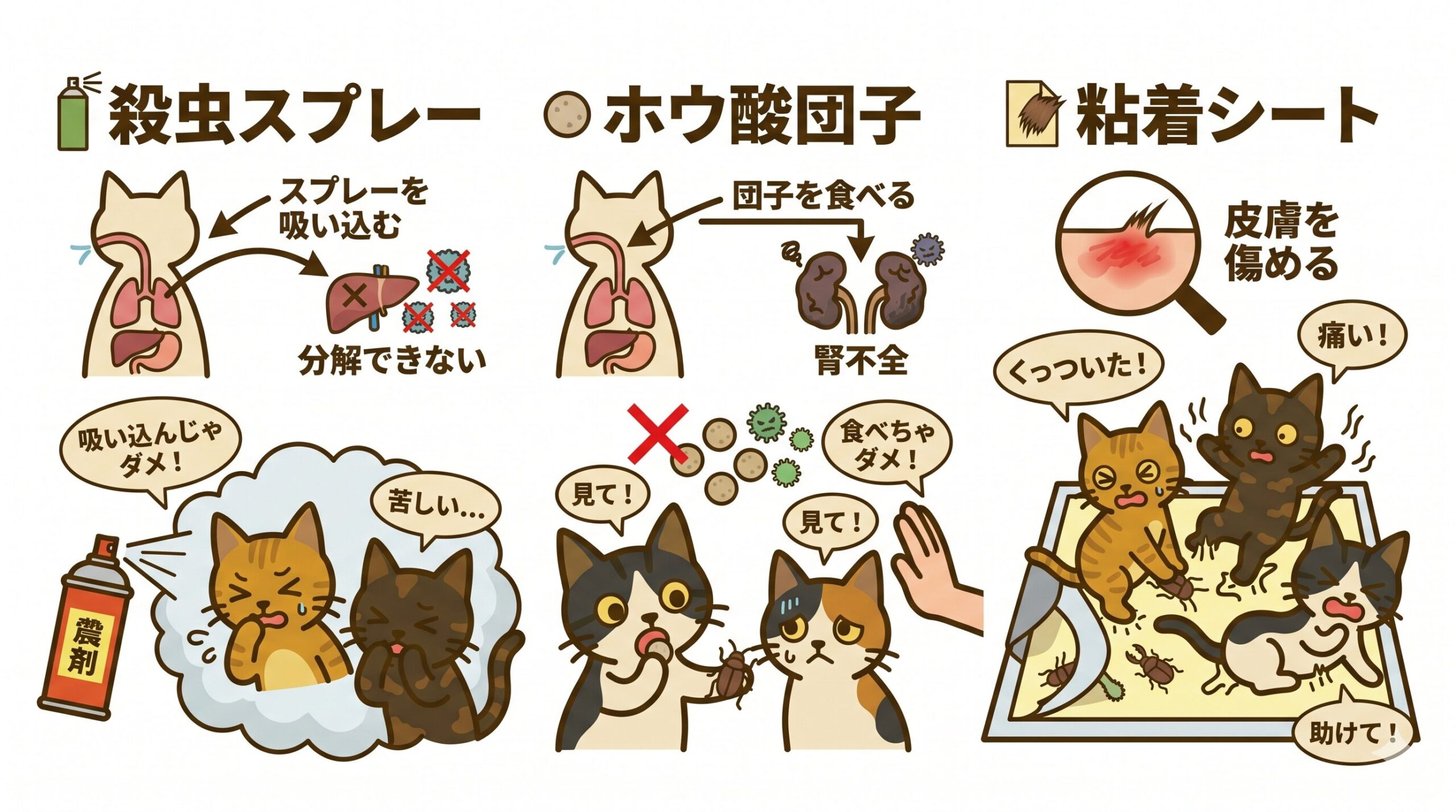 殺虫剤の成分と猫への影響を示すイラスト