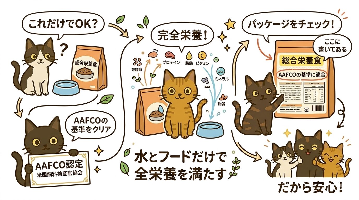 総合栄養食の栄養基準の仕組みをキャラクター猫で図解したグラフィックレコード
