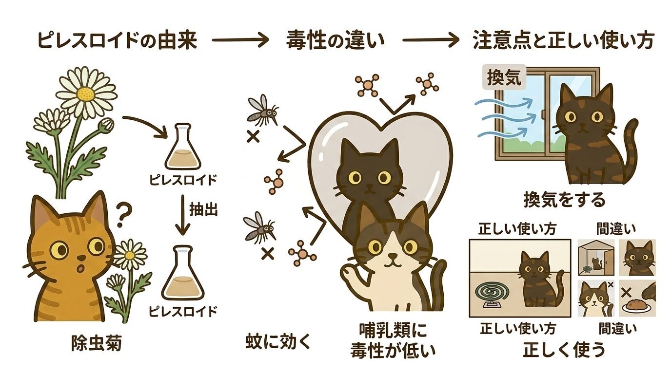 ピレスロイド系成分の仕組みと猫への影響のイラスト解説
