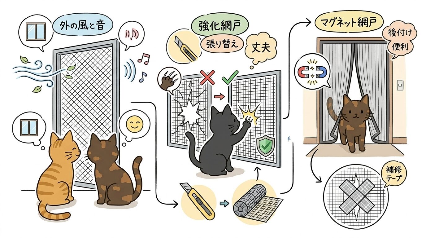 猫の外気体験を守りながら網戸で蚊対策をする工夫のイラスト解説