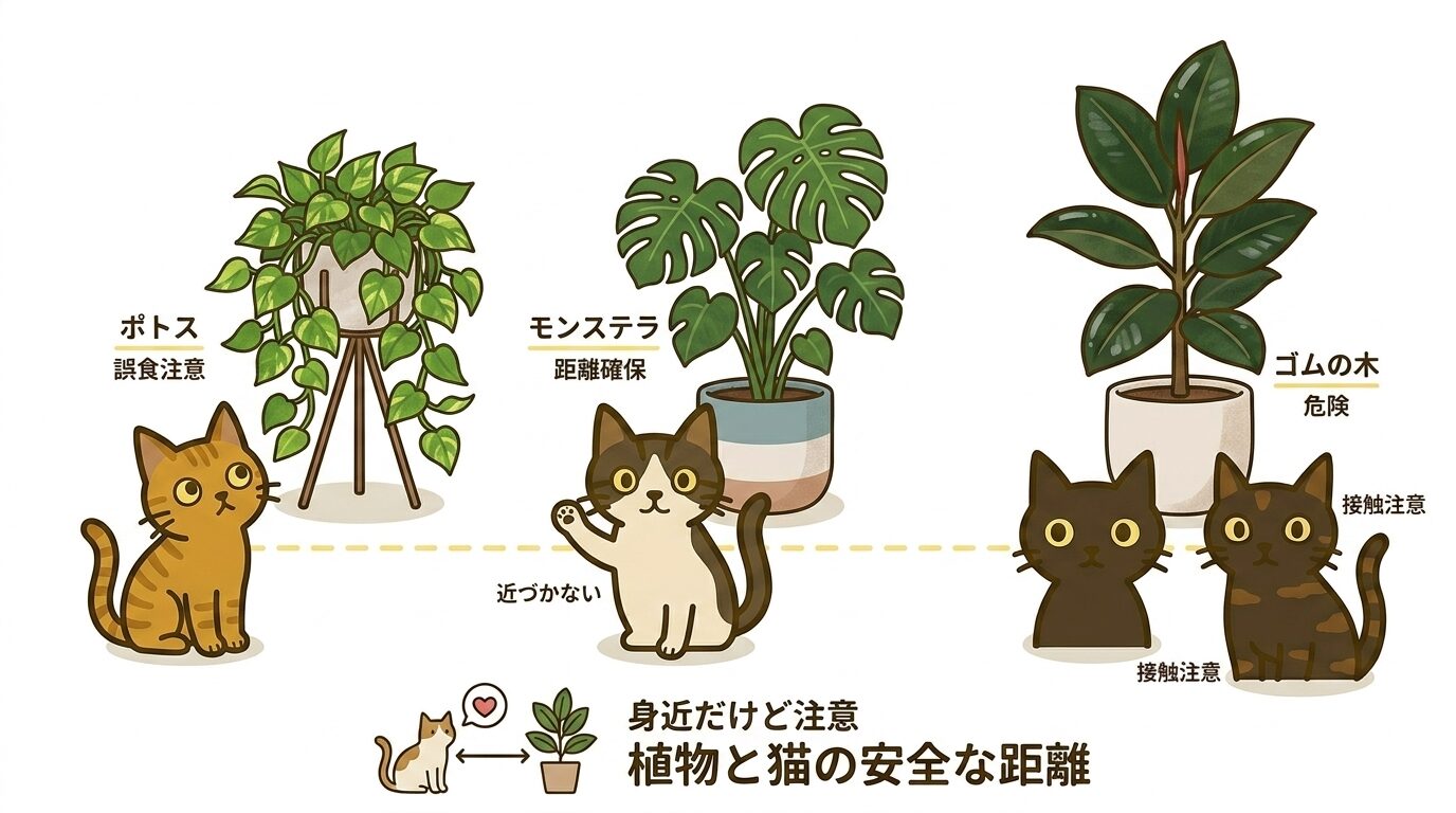 ポトス・モンステラ・ゴムの木と猫の距離感を表すイラスト