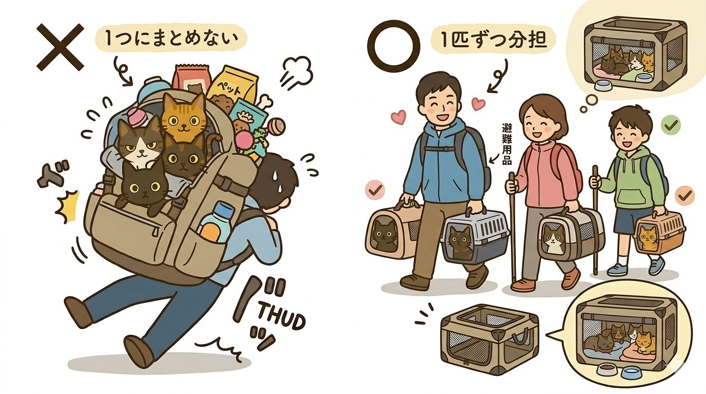 3匹を1つのキャリーに詰めた状態と、1匹ずつ分けて運ぶ状態の対比イラスト