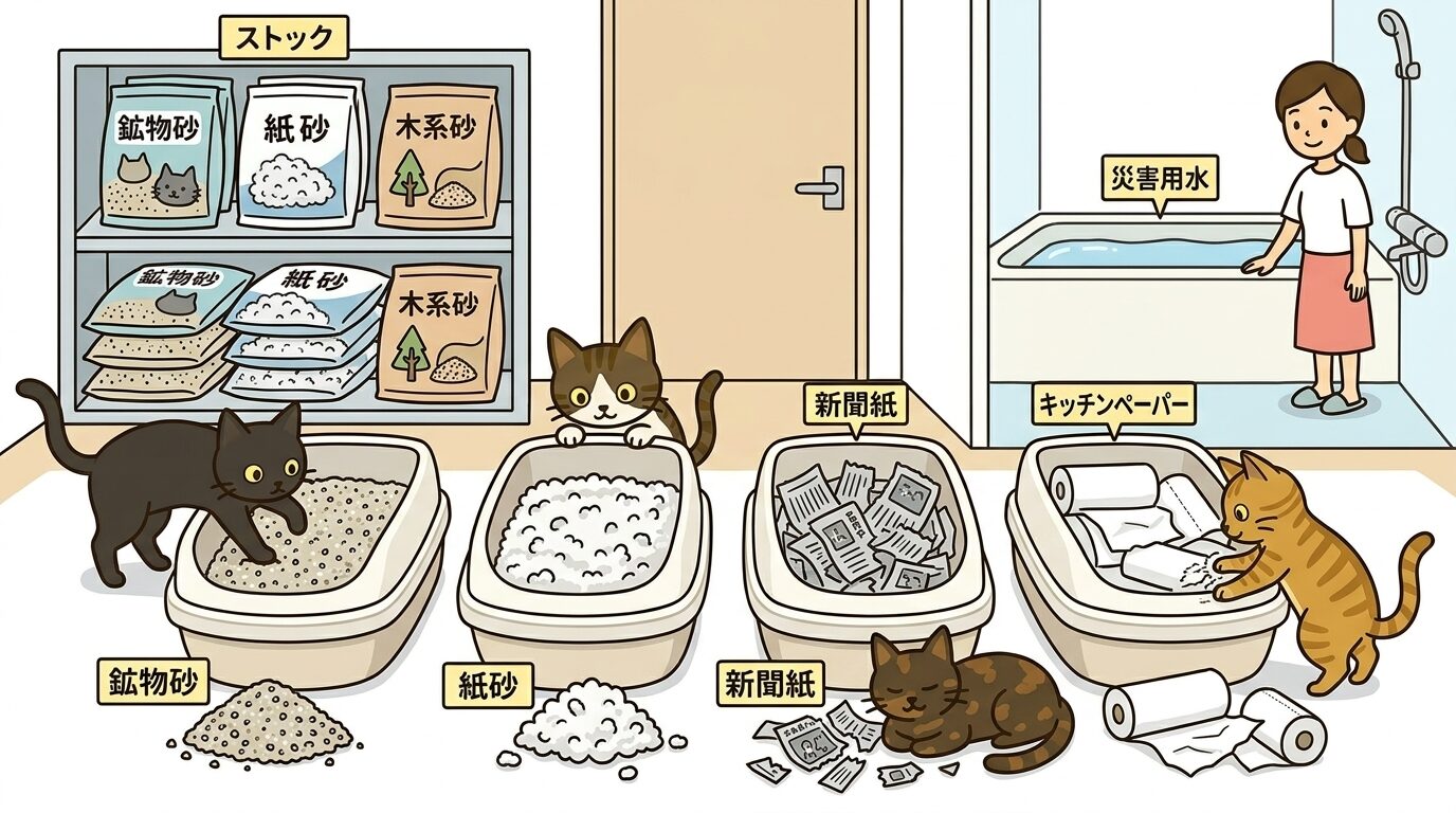 複数種類の猫砂と新聞紙を裂いた代替素材、それぞれを選ぶ猫たちのイラスト