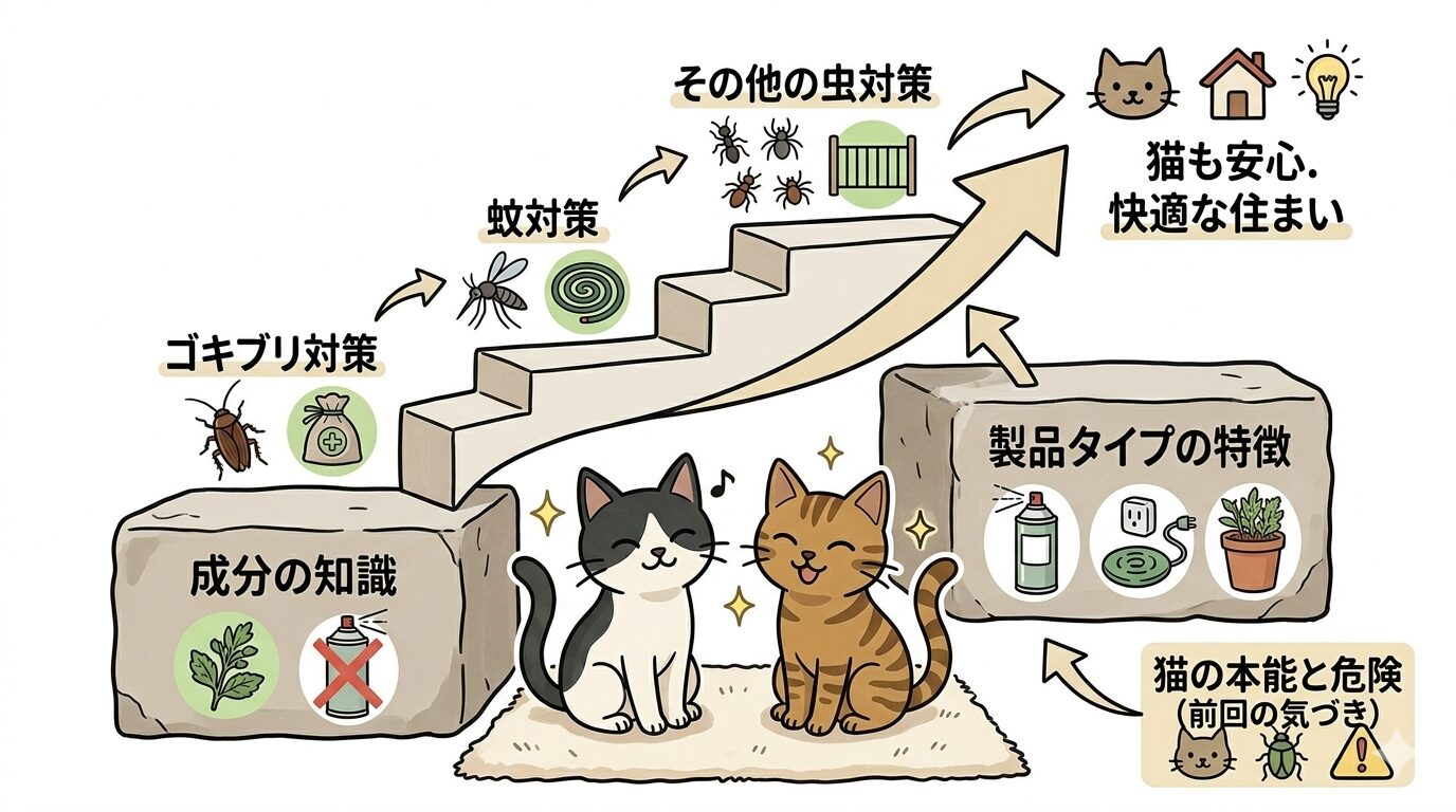 成分と製品タイプの基礎知識から個別の虫対策へ進むステップを示すグラフィックレコード