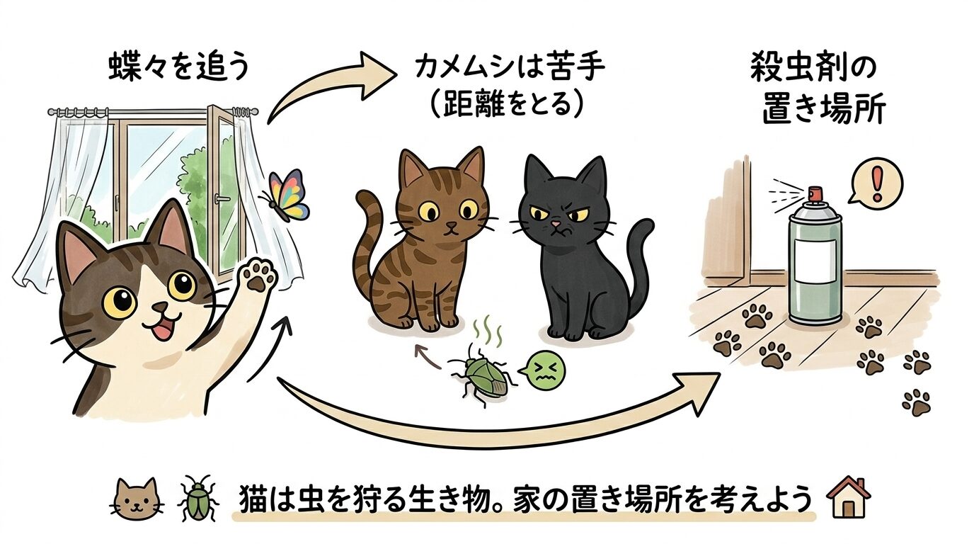 猫の狩猟本能と殺虫剤の置き場所への配慮を示すグラフィックレコード