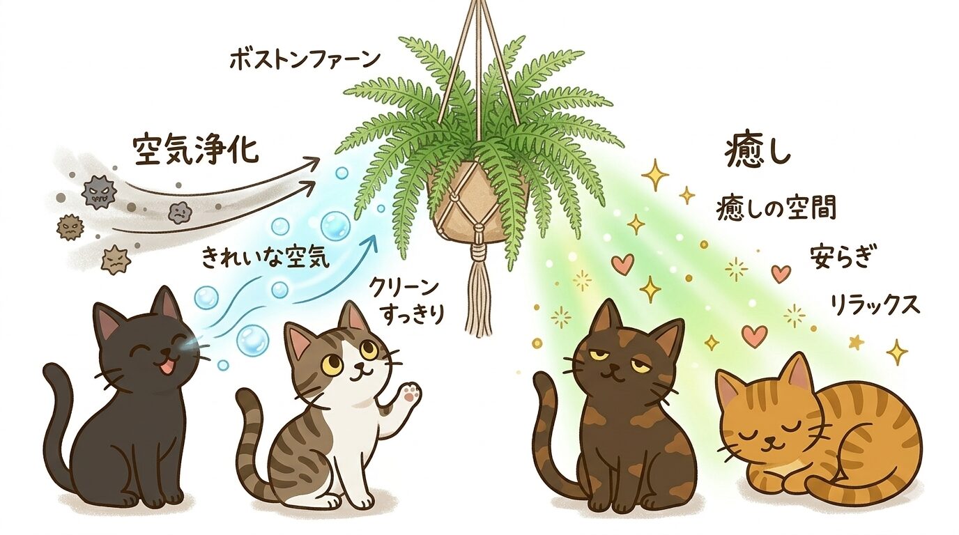 ボストンファーンの特徴と猫との相性をまとめたイラスト