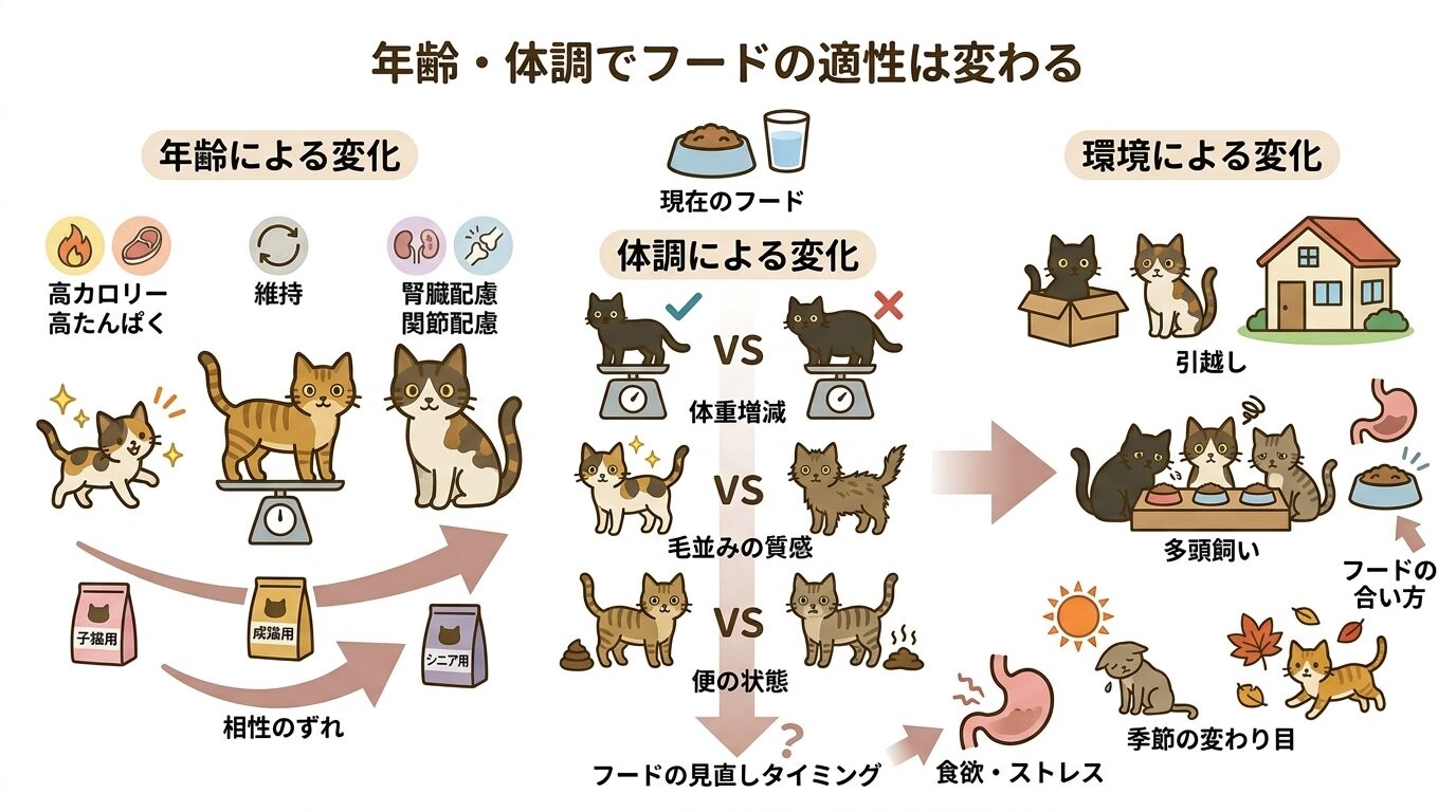 猫の年齢別フードの適性変化をまとめたイラスト