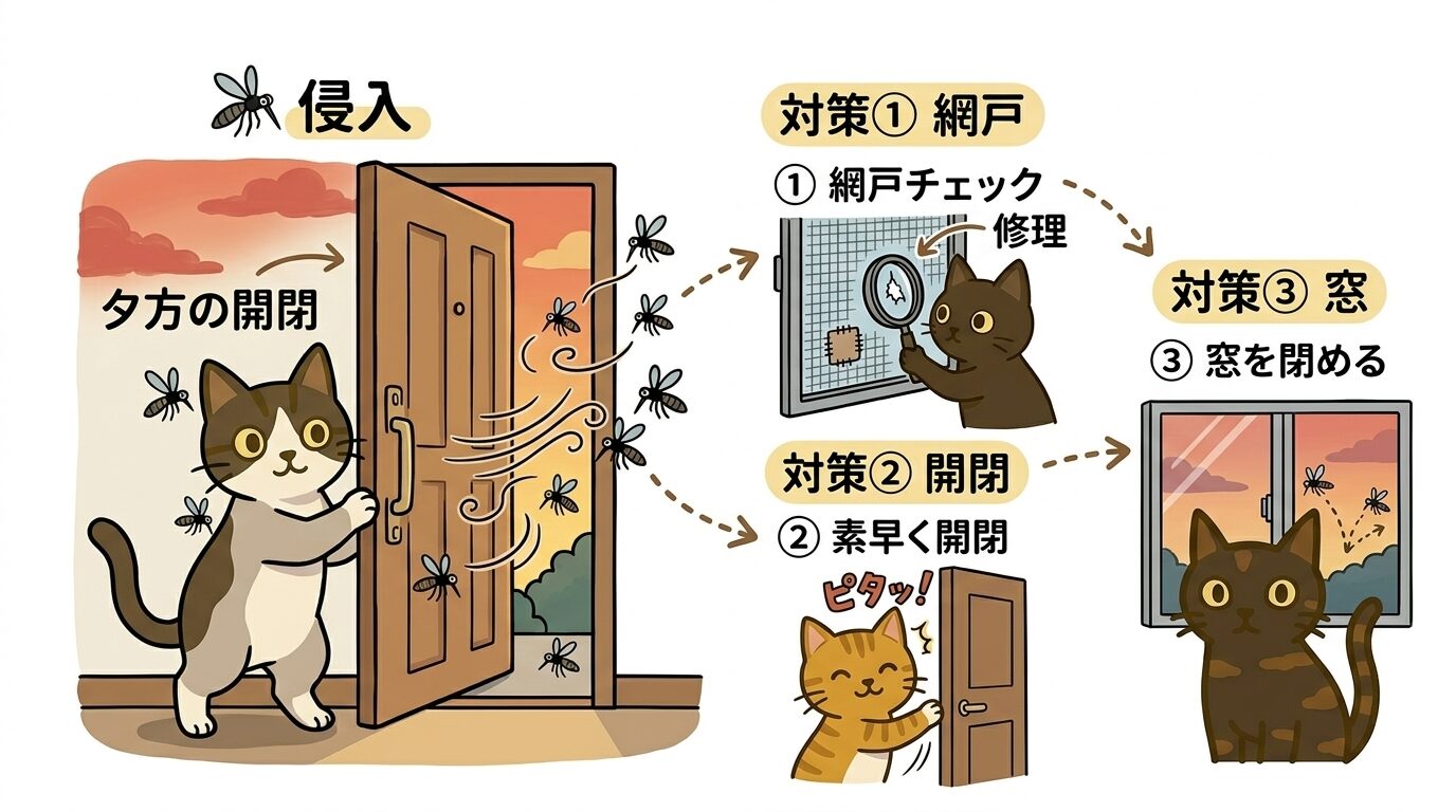 玄関や窓の開閉時に蚊が侵入する様子