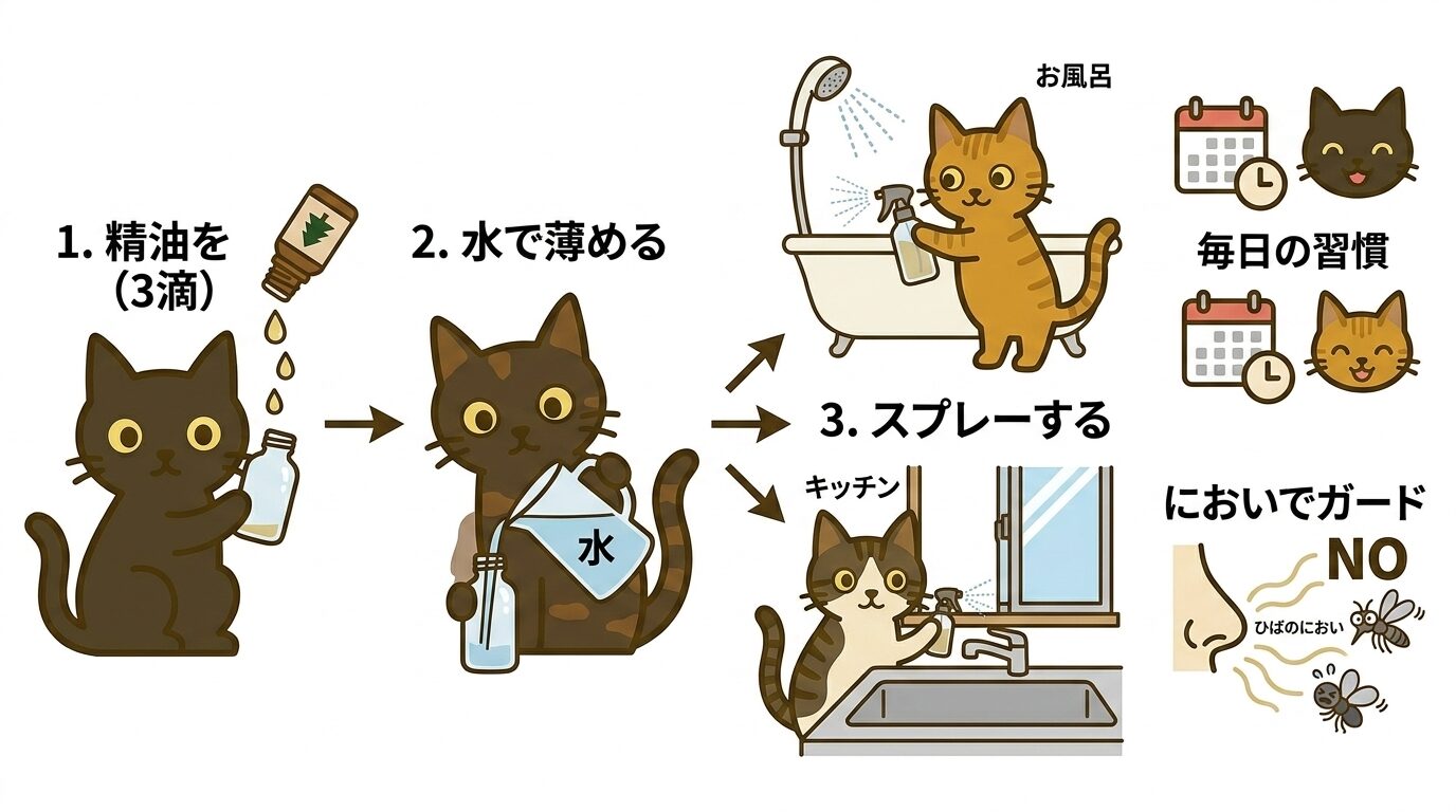 ひば精油とハッカ油でスプレーを作る手順のイラスト