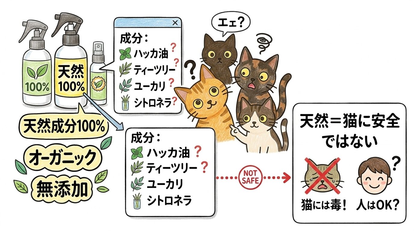 天然・無添加表示と精油成分の関係を示すグラフィックレコード