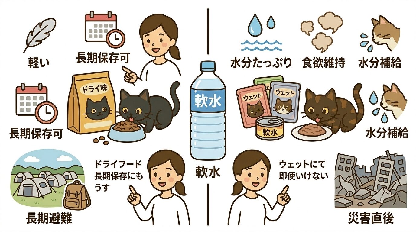 ドライとウェットを場面別に使い分けるイラストと、水分補給のための軟水