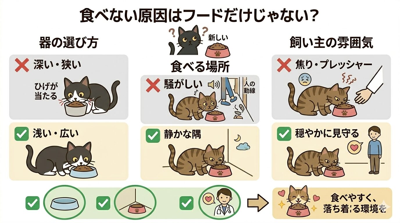 猫の食事環境と食欲の関係をまとめたイラスト