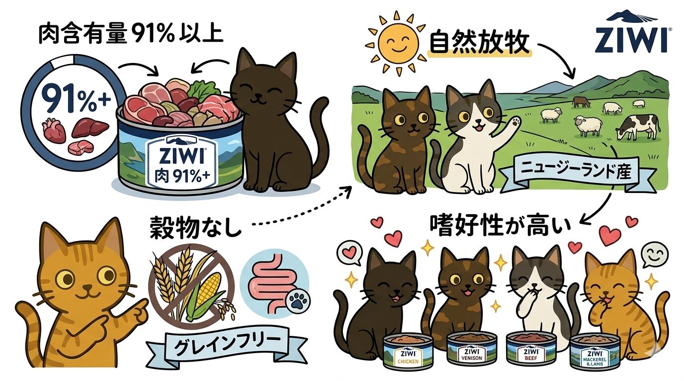 ZIWI Peakの特徴をキャラクター猫で図解したグラフィックレコード