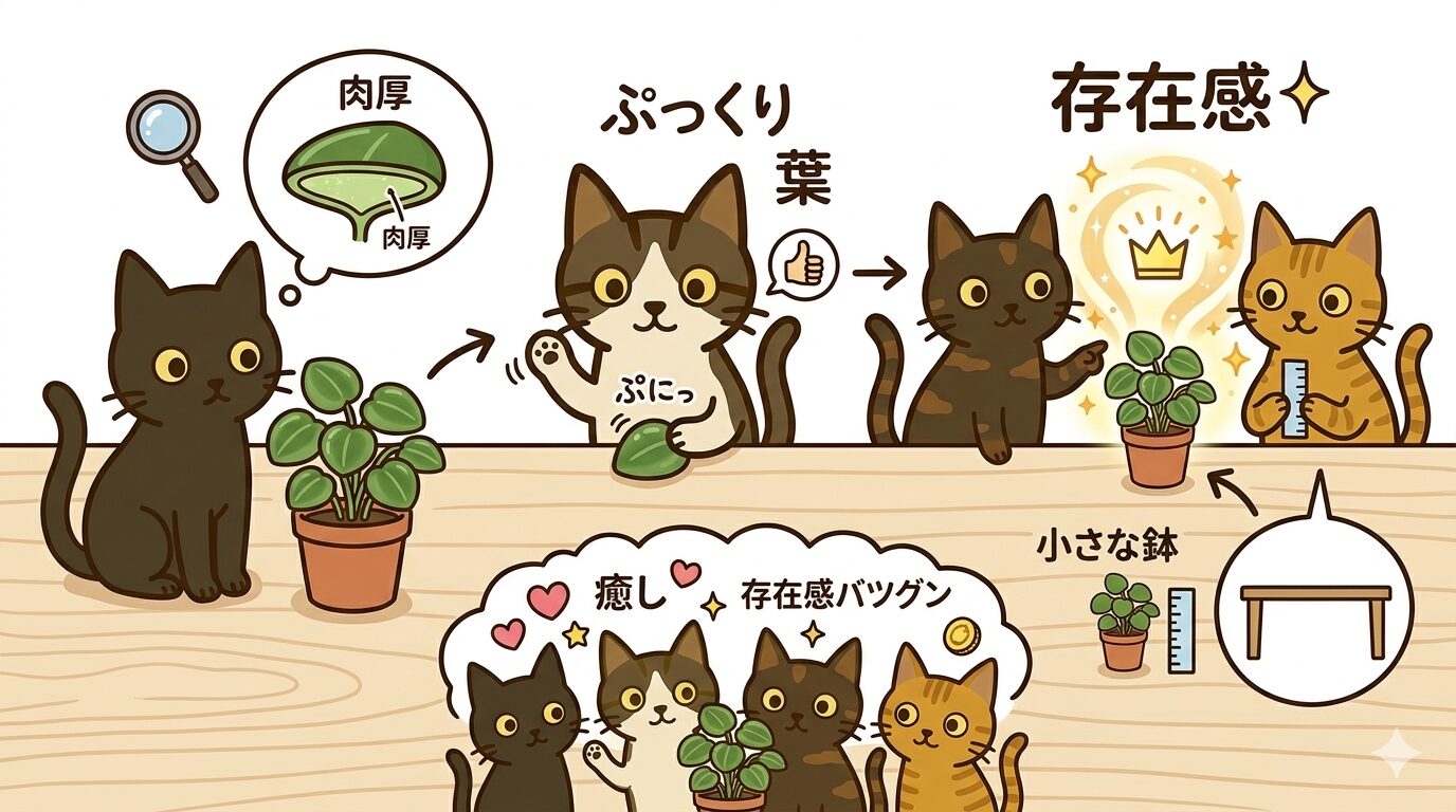 ペペロミアの特徴と猫との相性をまとめたイラスト