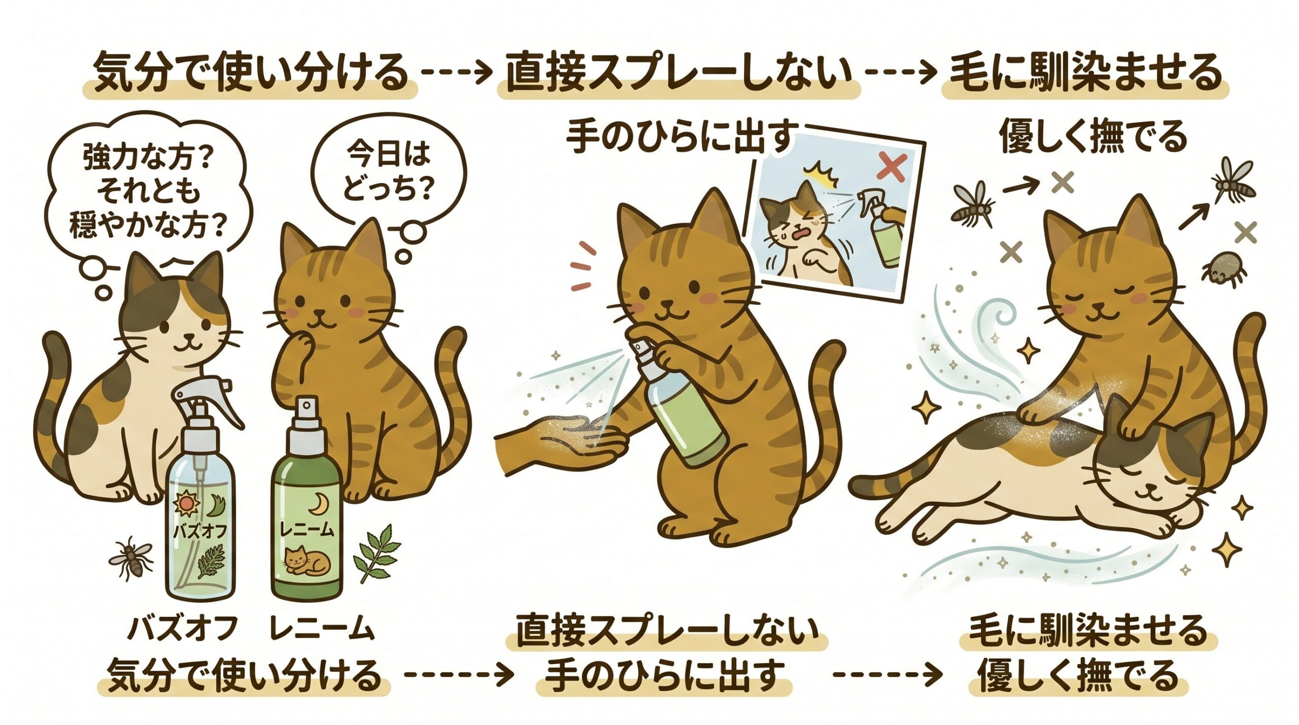 バズオフとレニームの使い分けと猫への安全な使い方イラスト