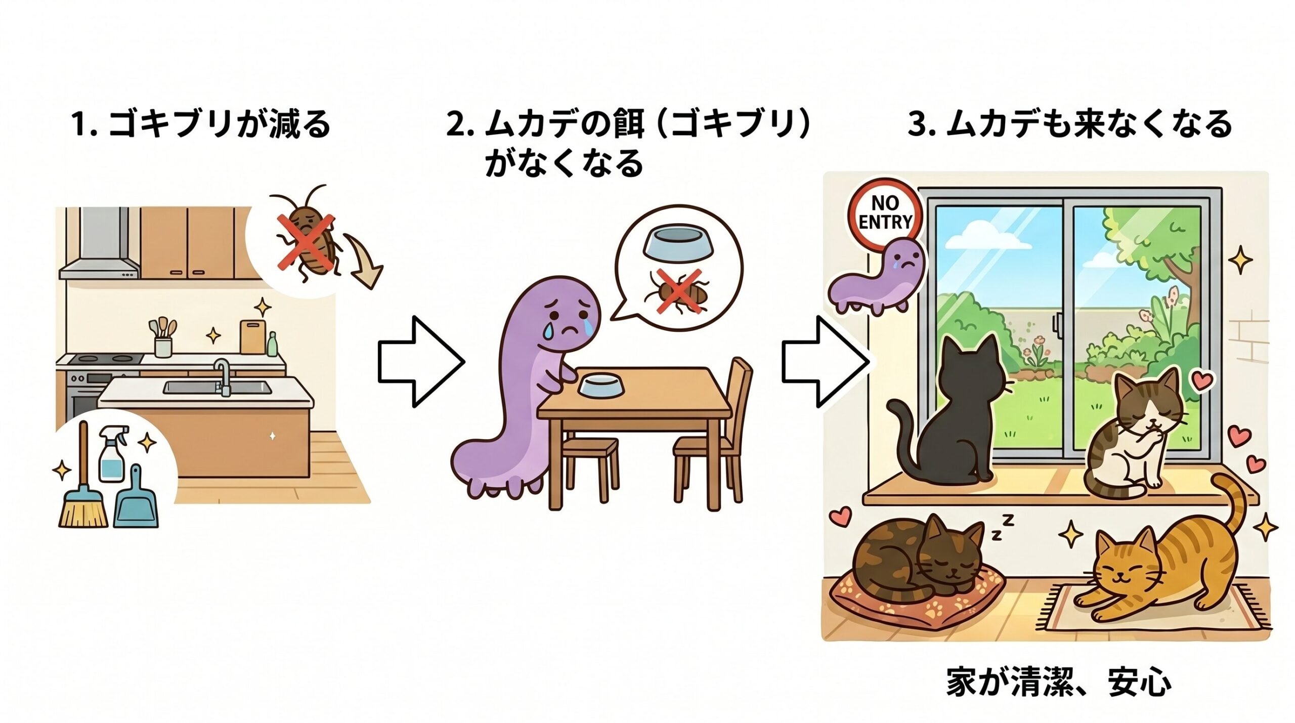 ゴキブリが減るとムカデも減る虫の連鎖のイラスト