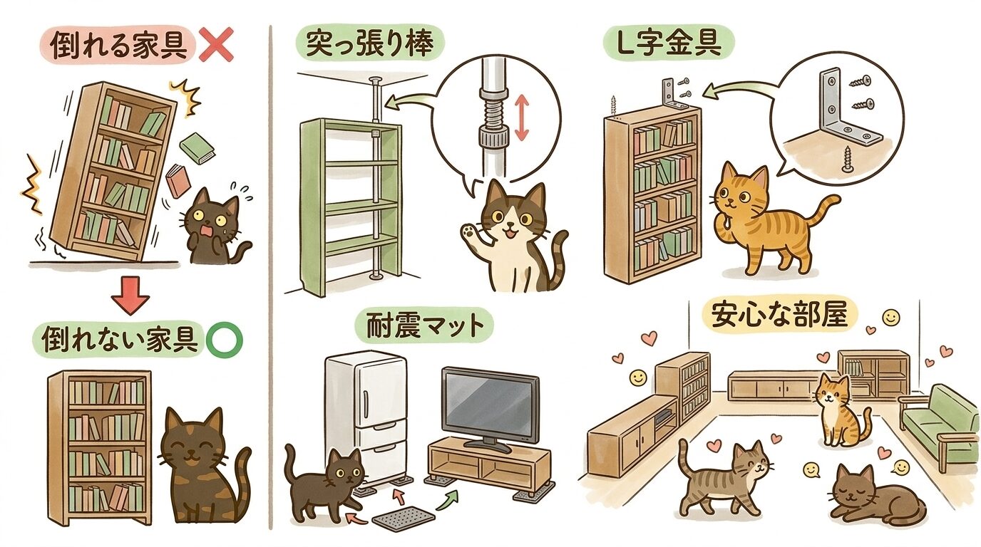 L字金具や突っ張り棒で固定された家具と、その間を歩く猫のイラスト
