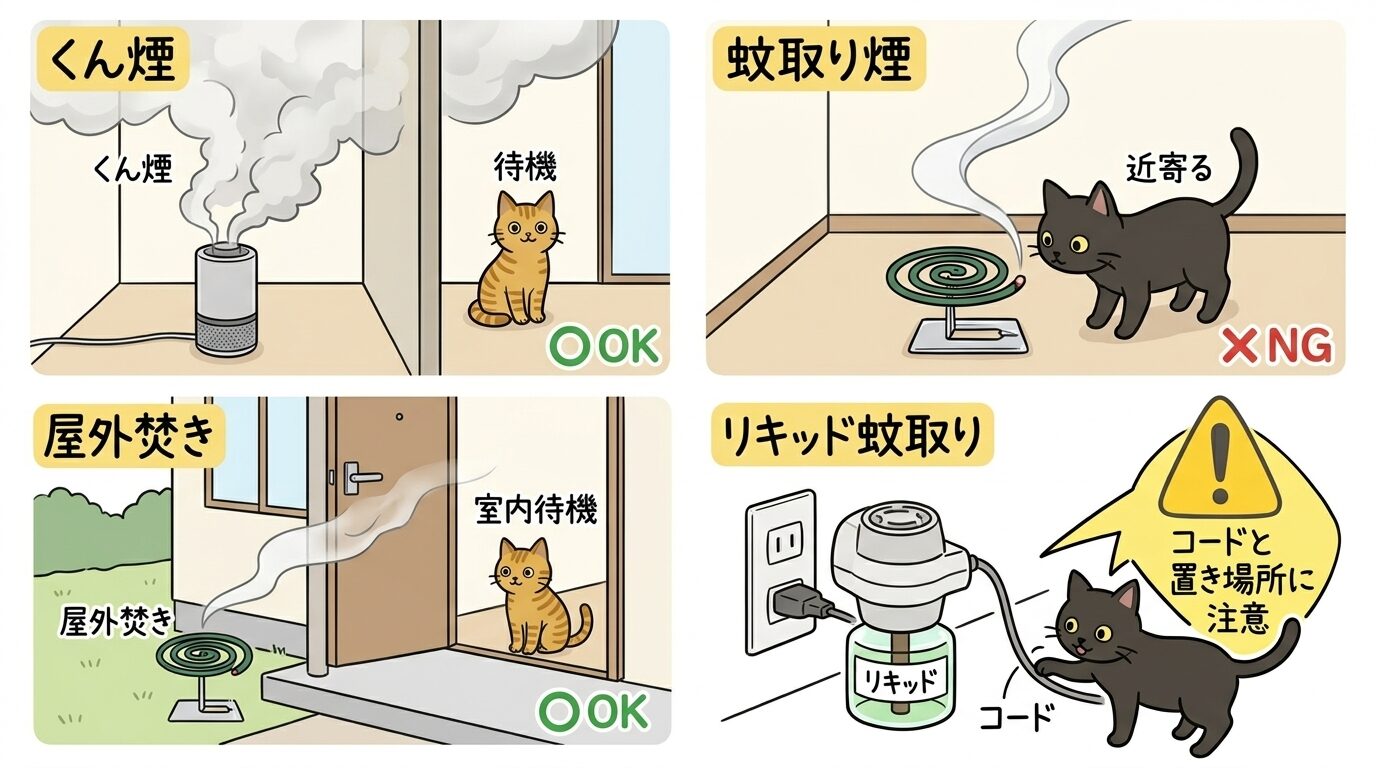 くん煙剤・室内蚊取り線香・屋外蚊取り線香・リキッド式の4パターン別の使い方を示すグラフィックレコード