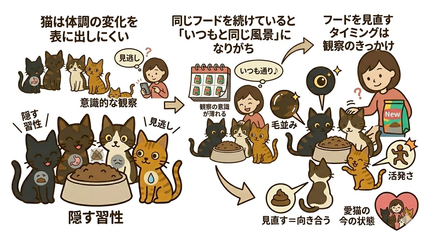 猫の日々の変化と観察の大切さを描いたイラスト