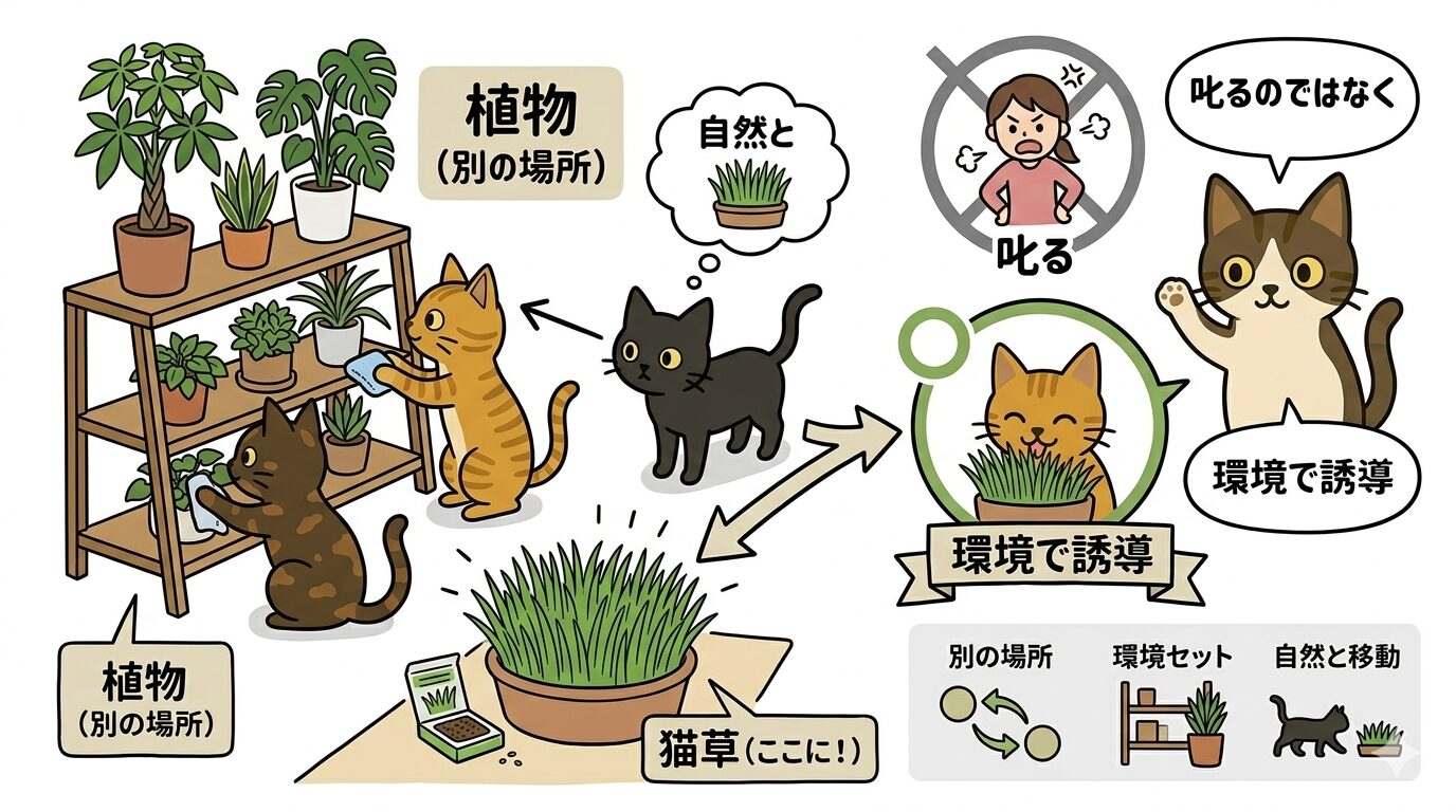 猫草と観葉植物の配置で猫の動線を分けるイラスト