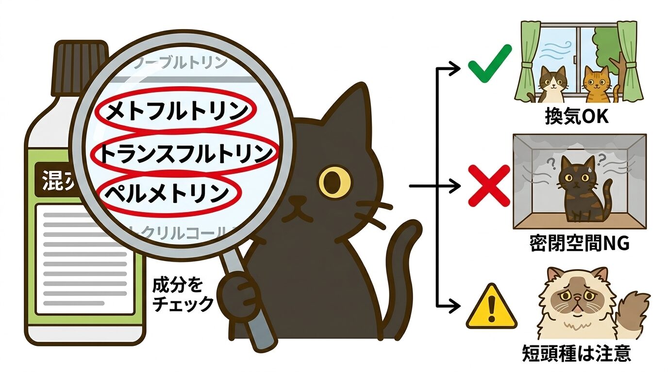 ピレスロイド系の成分名と使用時の注意場面を示すグラフィックレコード