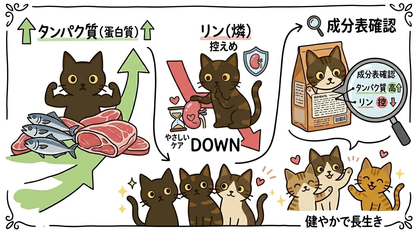 たんぱく質とリンのバランスをキャラクター猫で図解したグラフィックレコード