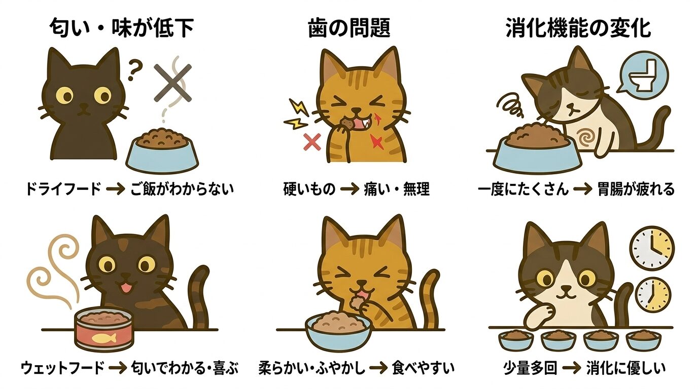 高齢猫の体に起きる食欲や好みの変化をキャラクター猫で図解したグラフィックレコード
