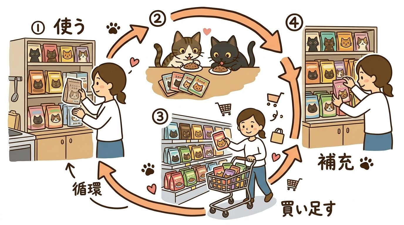 使う・買い足す・補充の循環で日常に溶け込むローリングストックのイラスト