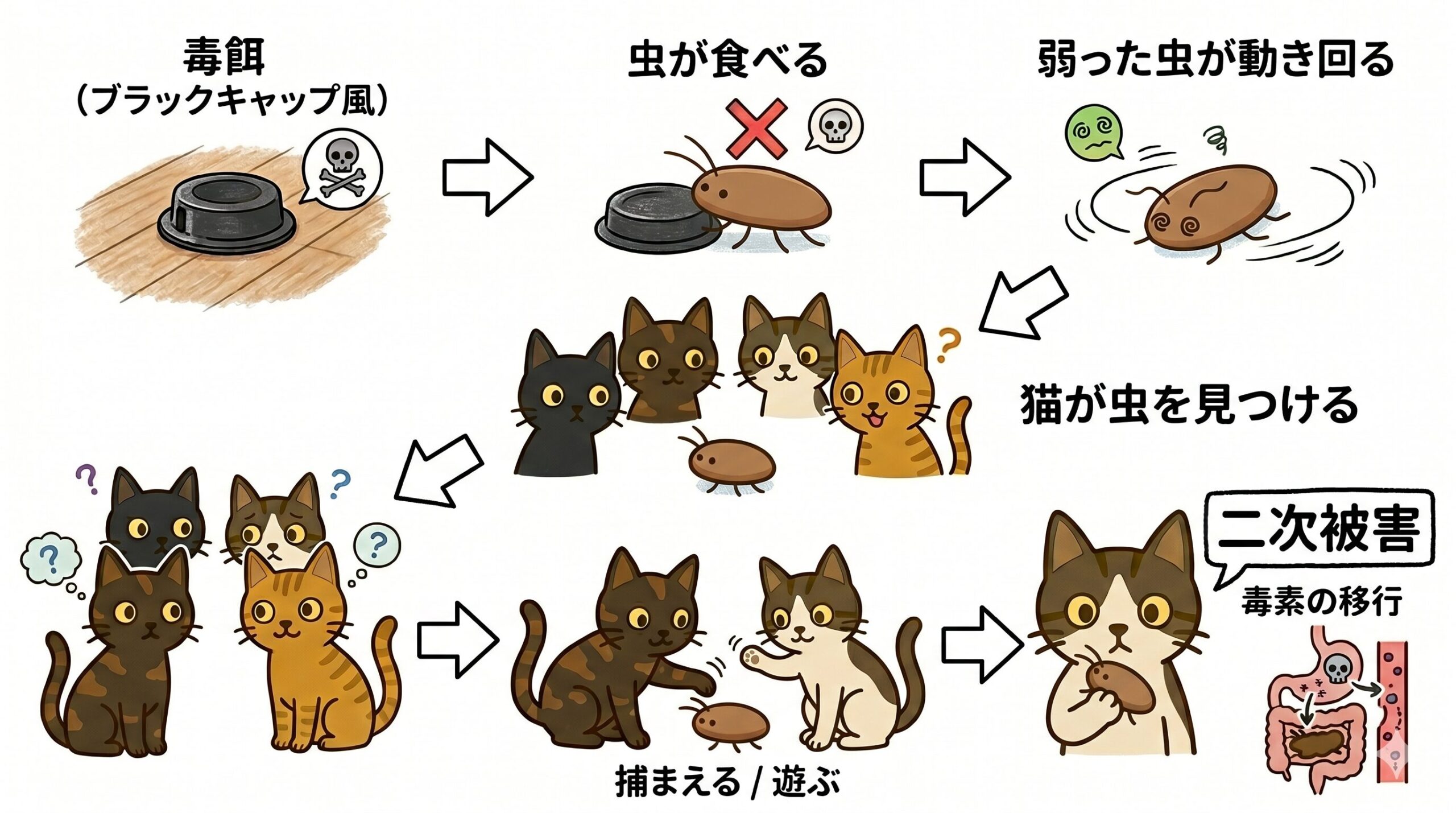 毒餌を食べたゴキブリを猫が捕まえる二次被害のイラスト