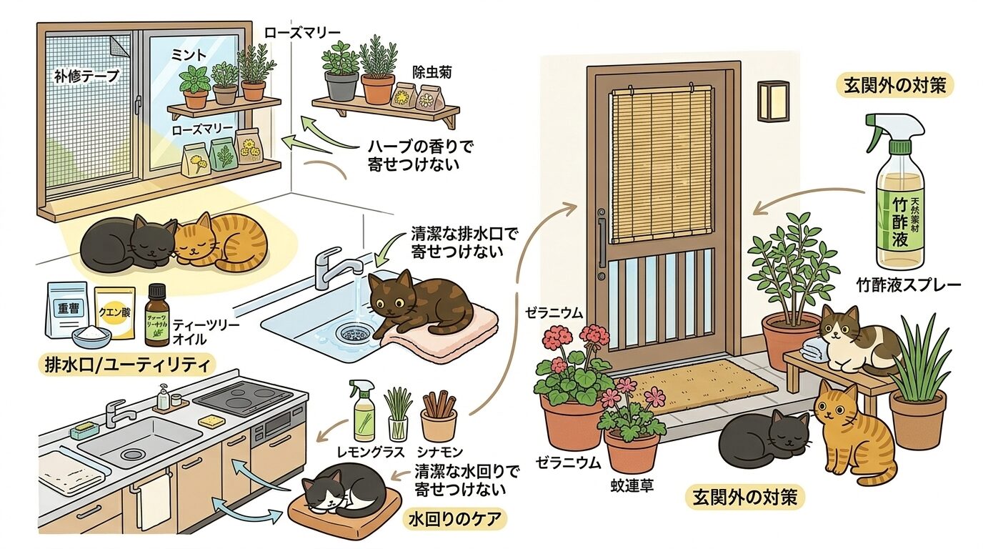 天然素材で虫を寄せつけない家の工夫を示すグラフィックレコード