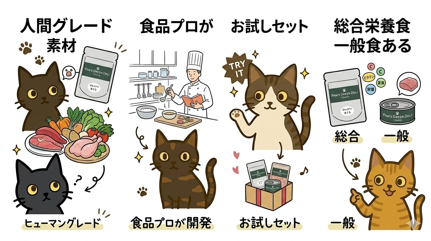 Paw's Green Deliの特徴をキャラクター猫で図解したグラフィックレコード