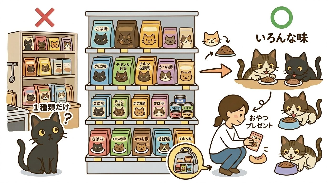 1種類と複数種類のフードを並べた対比と、おやつ感覚で新しい味を渡す飼い主のイラスト