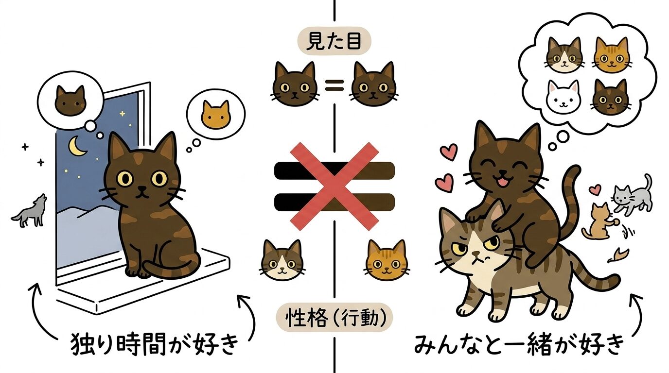 同じサビ柄の姉妹猫の性格の違いを表すグラフィックレコード