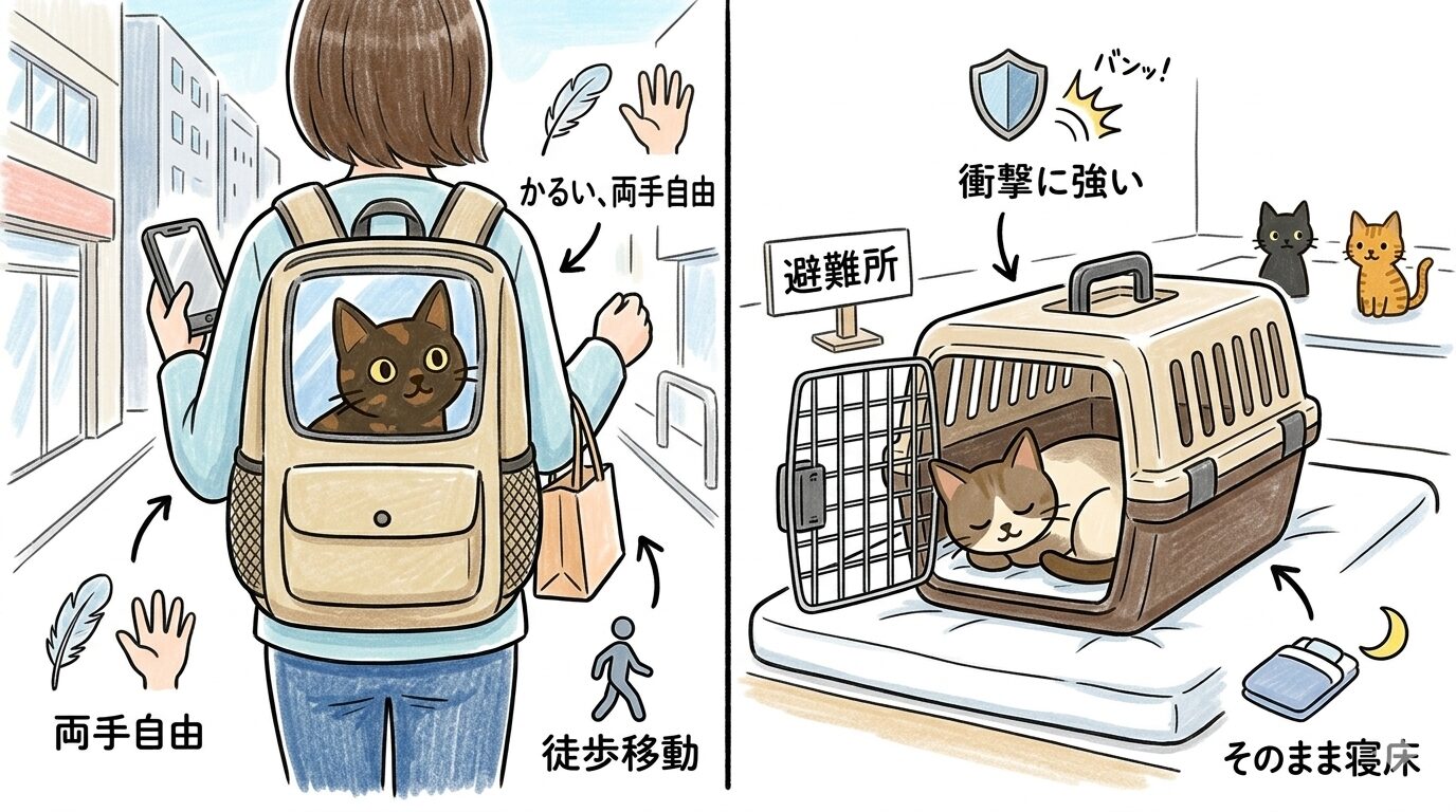 リュック型とハード型キャリーをシーン別に使い分けるイラスト