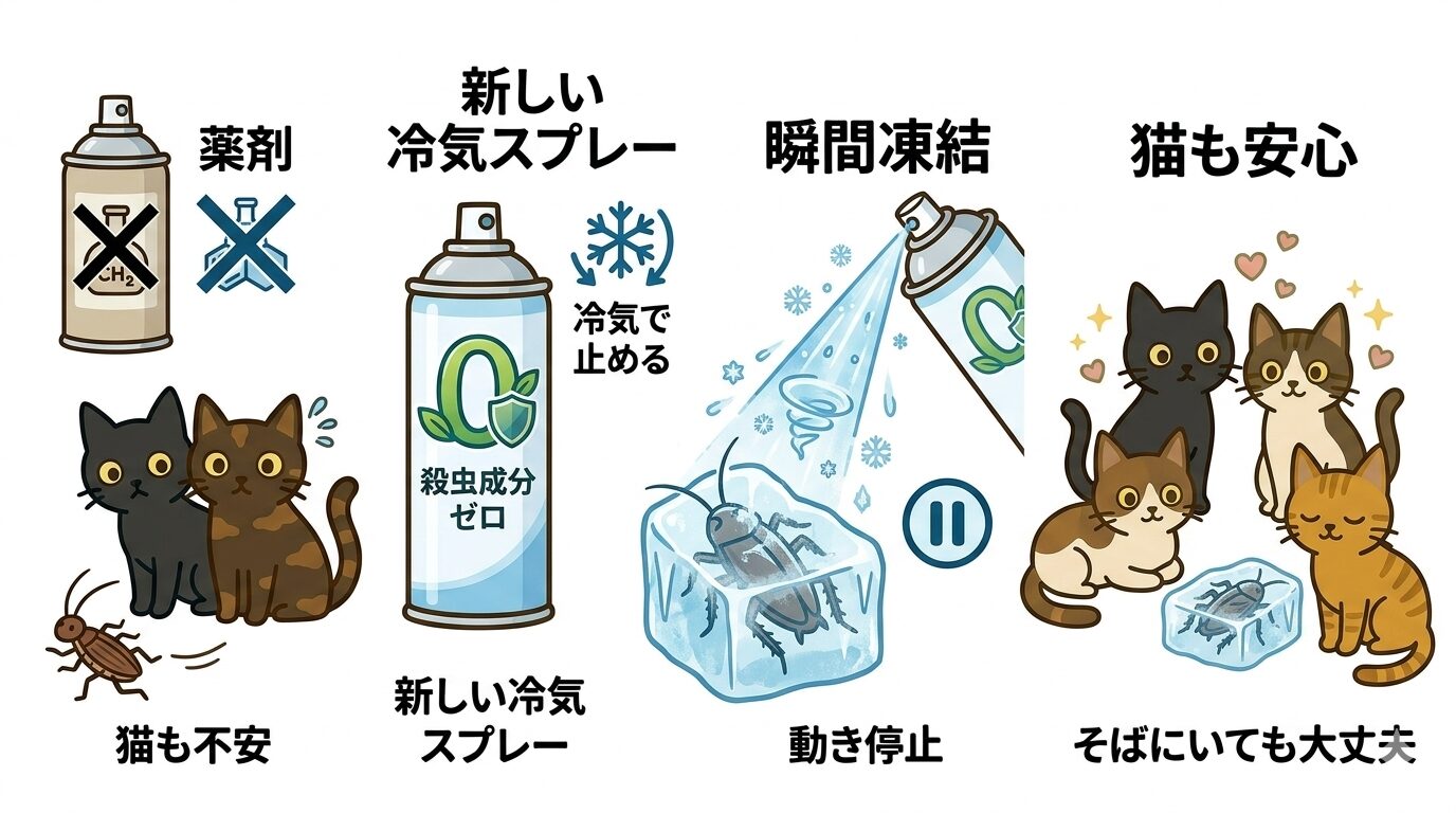 凍殺ジェットで虫を冷気で止める仕組みのイラスト