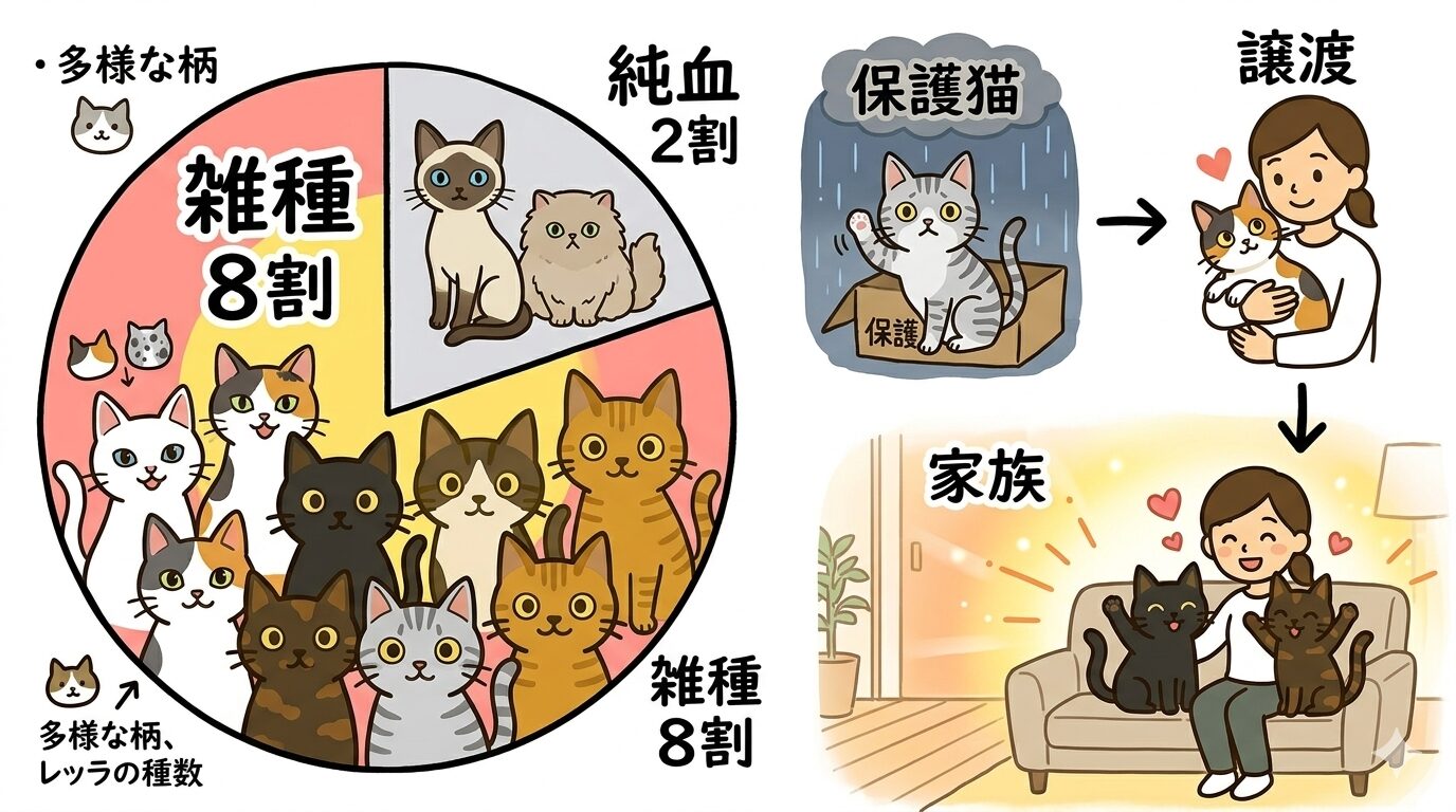 日本の猫の約8割が雑種であることと保護猫文化の関係を示すグラフィックレコード
