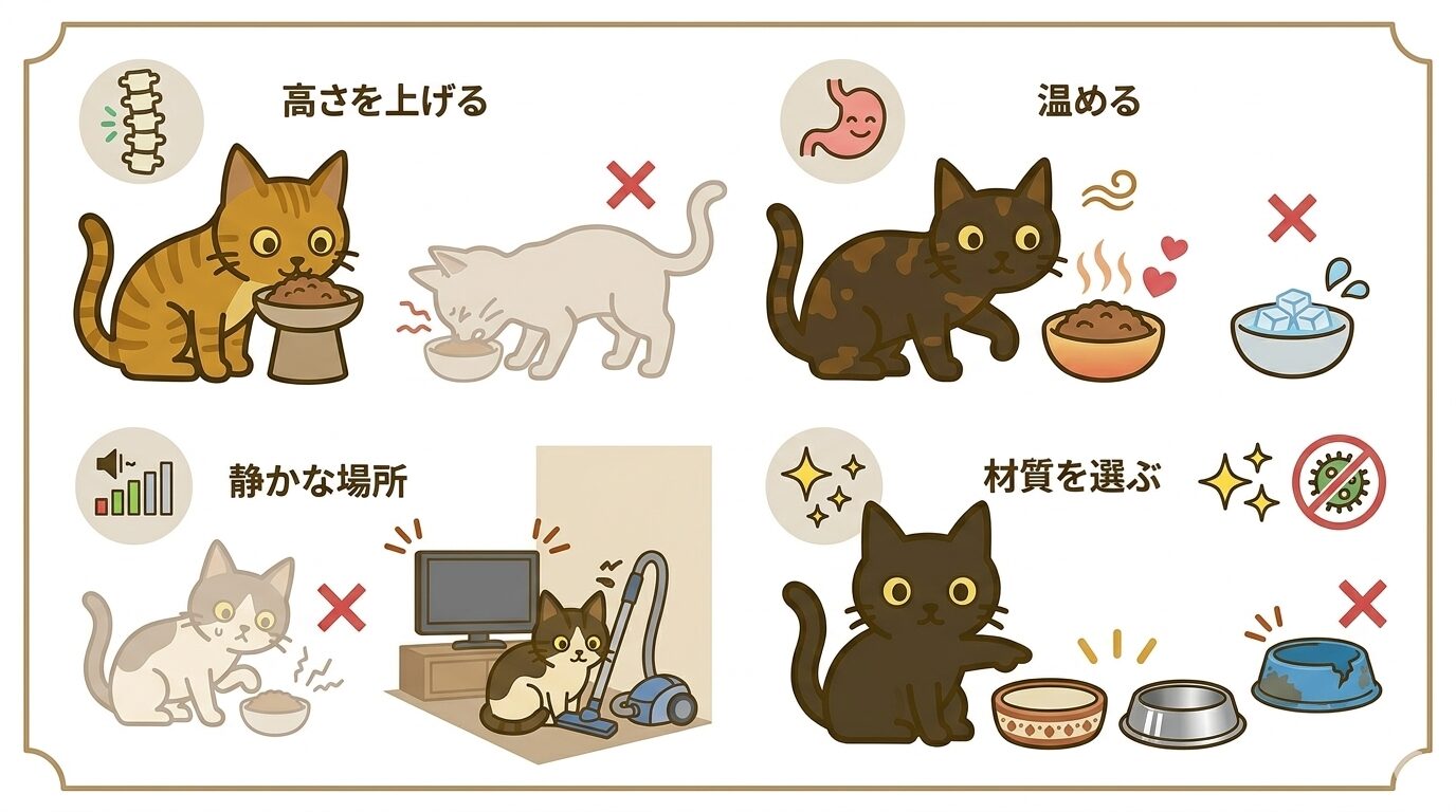 食器の環境を整えるポイントをキャラクター猫で図解したグラフィックレコード